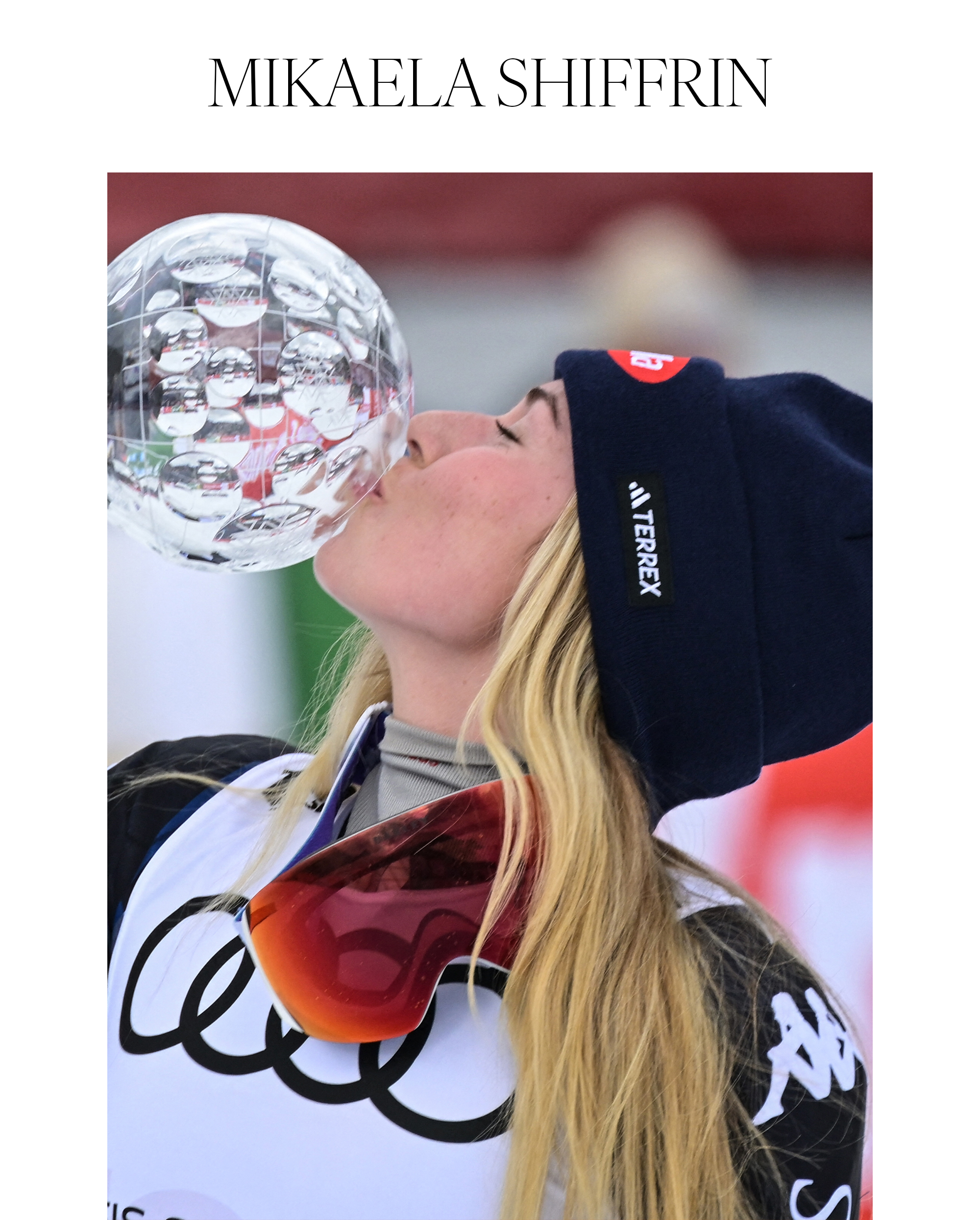 Winner USA's Mikaela Shiffrin kisses the trophy after the women's Slalom event of FIS Ski Alpine World Cup in Saalbach, Austria on March 16, 2024.