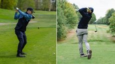 (left) Jonny Leighfield hits a drive during a Golf Monthly test day while he hits an iron shot at a different test day (right)