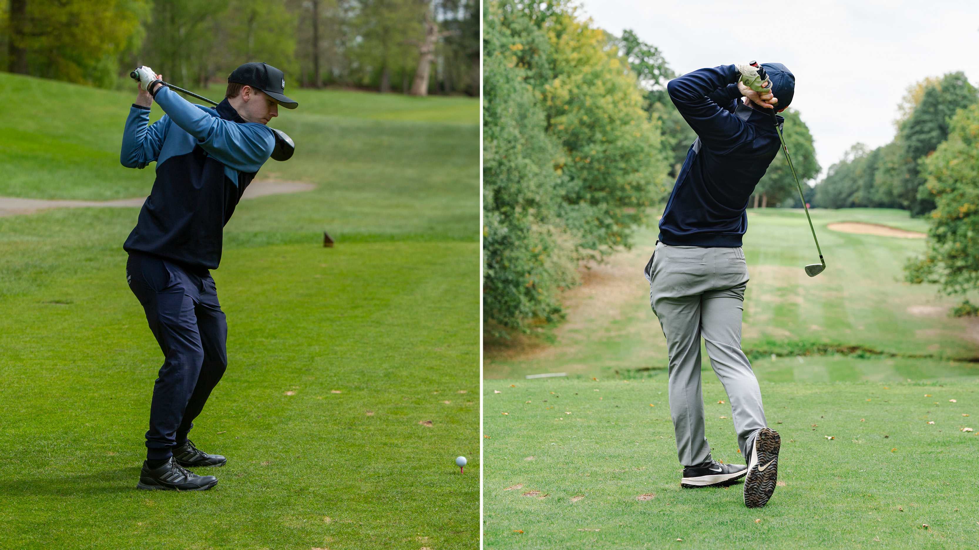 (left) Jonny Leighfield hits a drive during a Golf Monthly test day while he hits an iron shot at a different test day (right)
