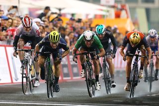 Caleb Ewan outsprinting Mark Cavendish in stage 4 of the Abu Dhabi Tour