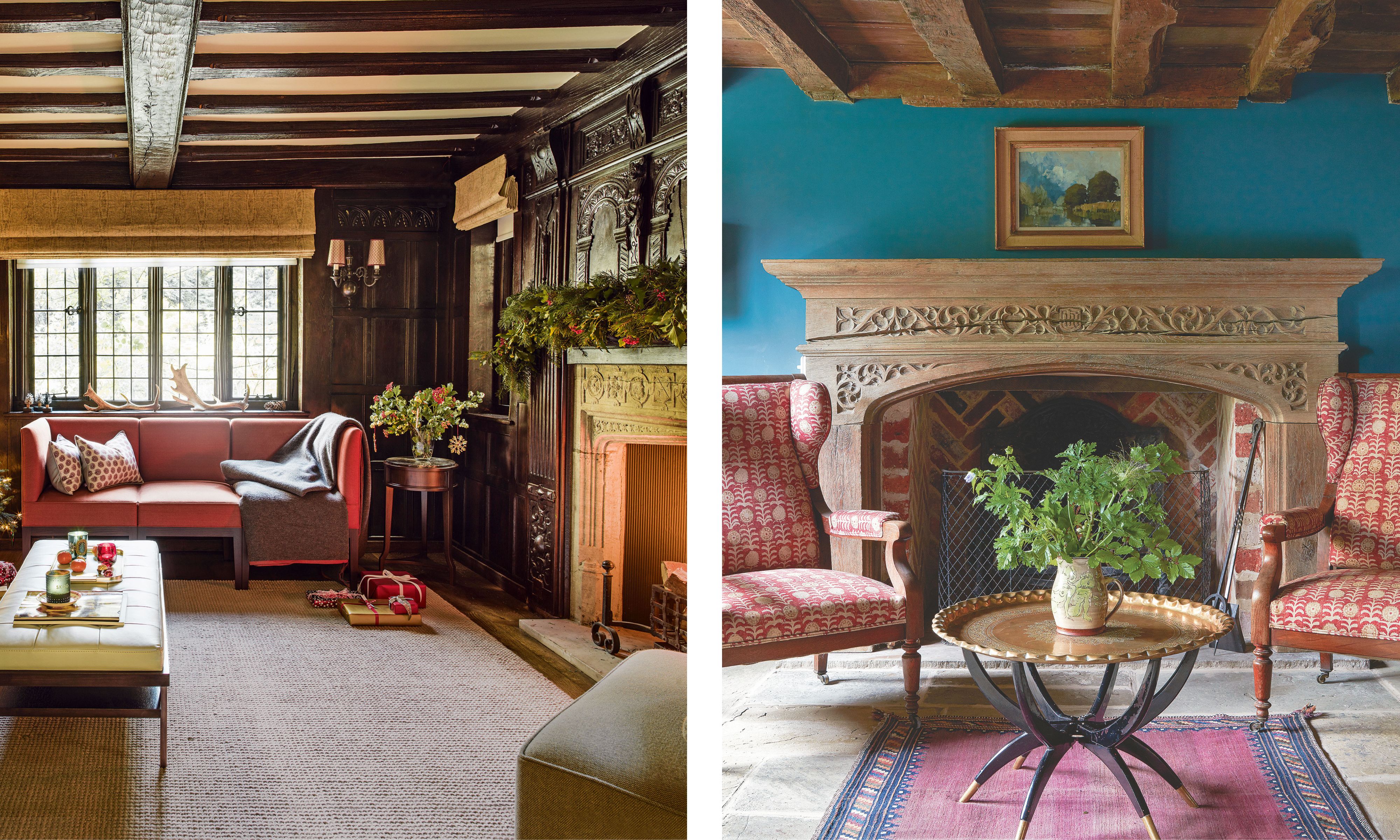Image split into two opulent, traditional living room scenes. On the left, a dark, Tudor-style room features rich wood paneling and exposed ceiling beams, a dark red sofa, and a carved stone fireplace decorated with festive greenery. On the right, a room with bright turquoise walls and exposed wood beams features an intricately carved light stone fireplace flanked by two red and white patterned wingback chairs. A brass tray table sits between the chairs on a fringed pink rug