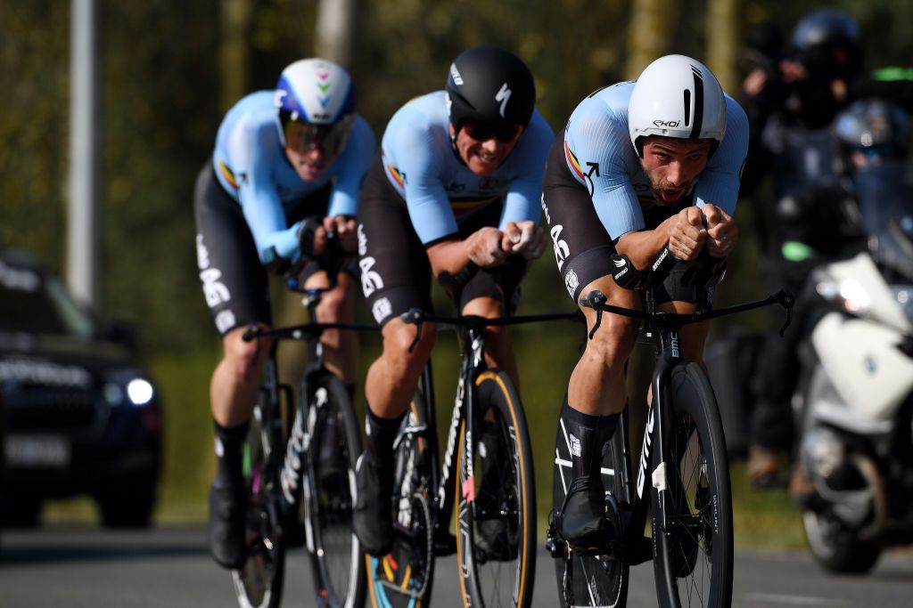 BRUGES BELGIUM SEPTEMBER 22 Victor Campenaerts of Belgium sprints during the 94th UCI Road World Championships 2021 Team Time Trial Mixed Relay a 445km race from KnokkeHeist to Bruges flanders2021 TT on September 22 2021 in Bruges Belgium Photo by Tim de WaeleGetty Images
