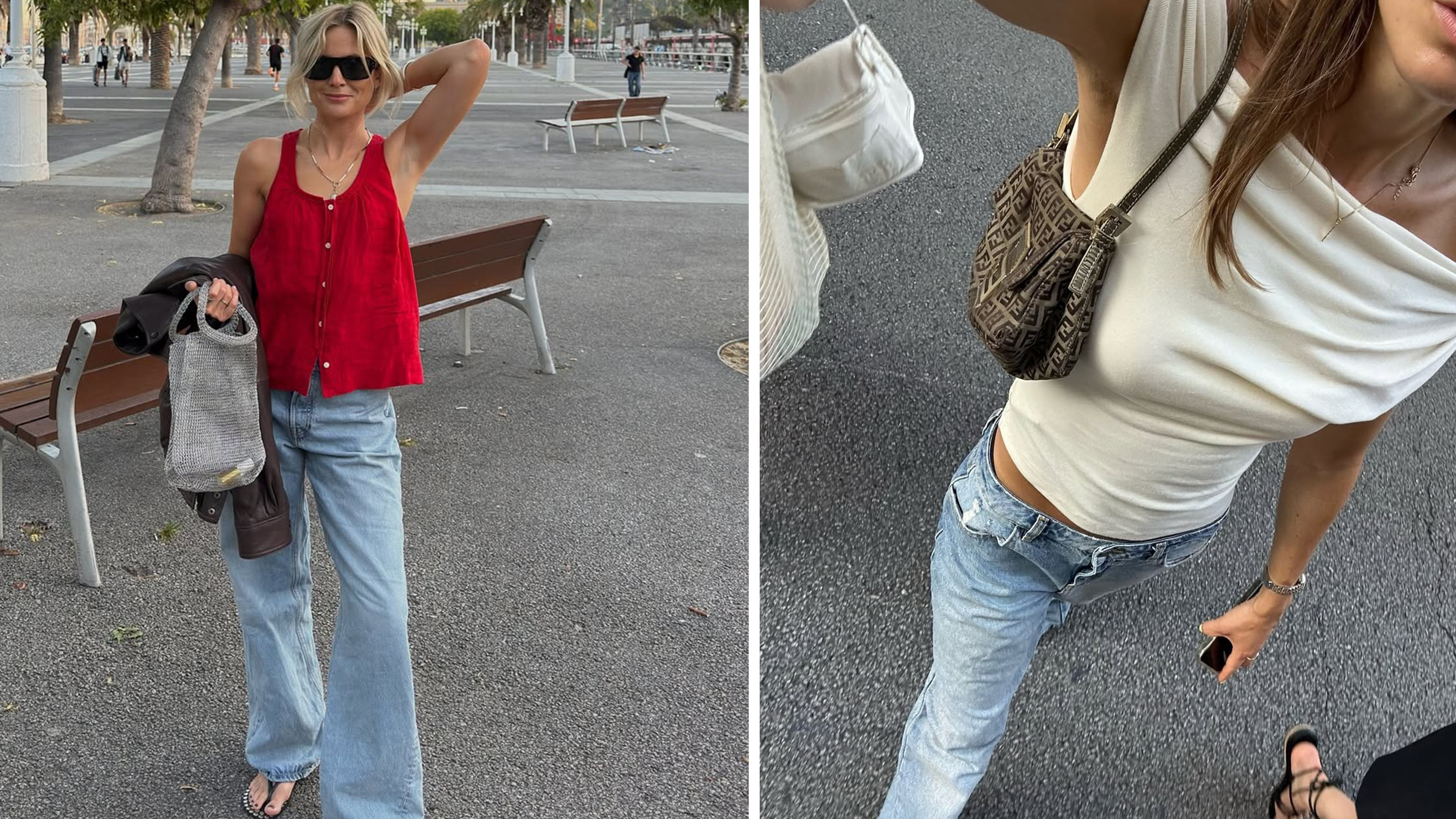 Woman in red top and jeans and woman in yellow top and jeans.