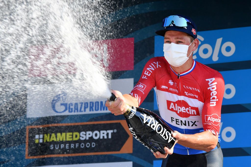 LORETO ITALY SEPTEMBER 13 Podium Mathieu Van Der Poel of The Netherlands and Team AlpecinFenix Celebration Champagne during the 55th TirrenoAdriatico 2020 Stage 7 a 181km stage from Pieve Torina to Loreto 114m TirrenAdriatico on September 13 2020 in Loreto Italy Photo by Justin SetterfieldGetty Images