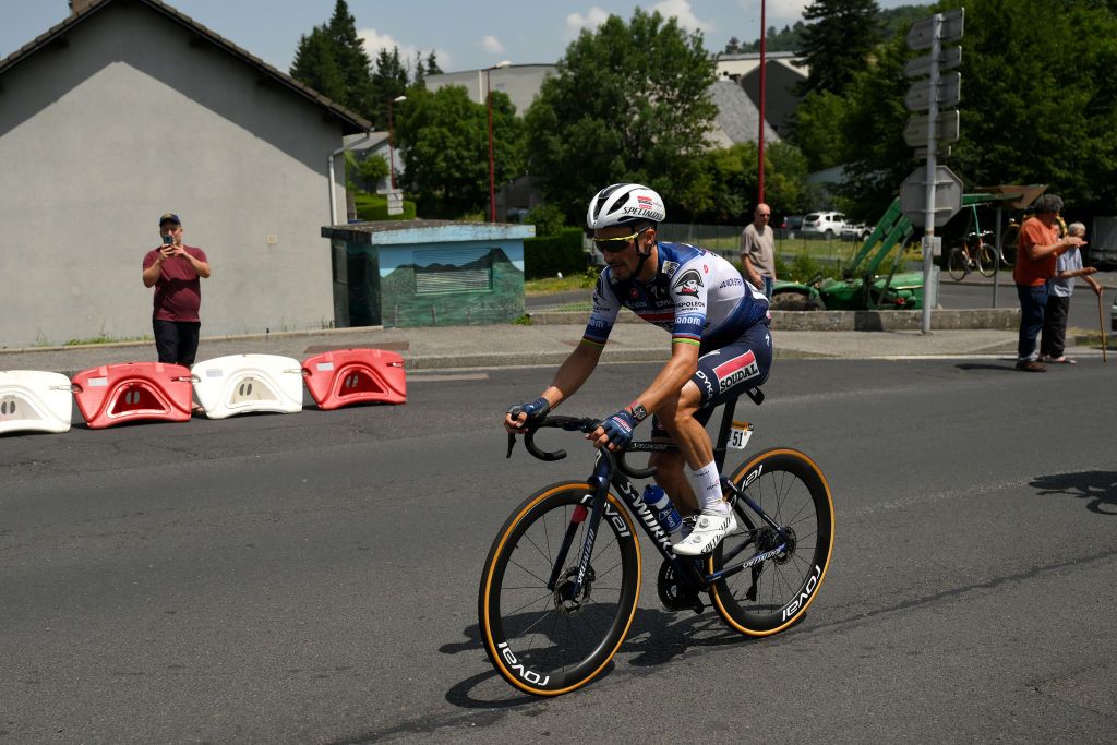 ISSOIRE FRANCE JULY 11 Julian Alaphilippe of France and Team Soudal Quick Step competes in the breakaway during the stage ten of the 110th Tour de France 2023 a 1672km stage from Vulcania to Issoire UCIWT on July 11 2023 in Issoire France Photo by David RamosGetty Images