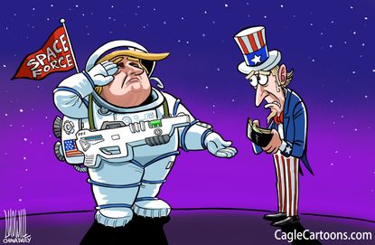 Political cartoon World Trump Space Force Uncle Sam money economy armed services