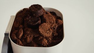 Coffee grounds sitting in a white container