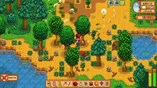 Stardew Valley being played during AGDQ 2022. A player holds a bomb over their head and explodes part of the farm forest.