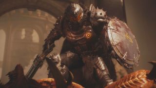 Doom: The Dark Ages secrets and collectibles - The Doom Slayer holding a bloody shield and shotgun after taking out a group of demons.