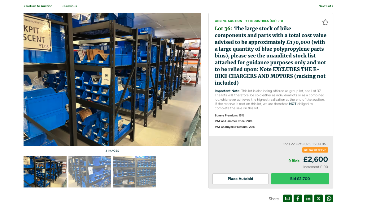 A screenshot of an auction lot from the Marriott &amp; Co. website showing a large amount of bike parts on sale