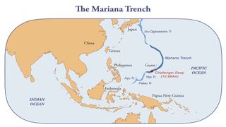Map of the Mariana trench, deepest oceanic trench of earth. The image was created with Apple Keynote software. Built-in maps of Apple Keynote were used.