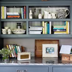 blue painted open shelving in kitchen with books, artwork and crockery