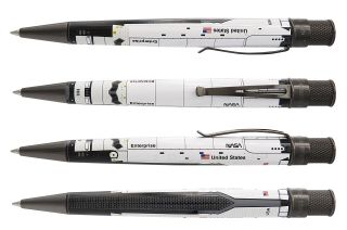 The Retro 51 Space Shuttle Enterprise Tornado features graphics that wrap around the stainless steel barrel of the collectible rollerball pen.