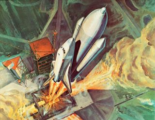 Early artist's rendering of the launch of NASA's space shuttle.
