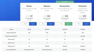 Box's price plans for cloud storage