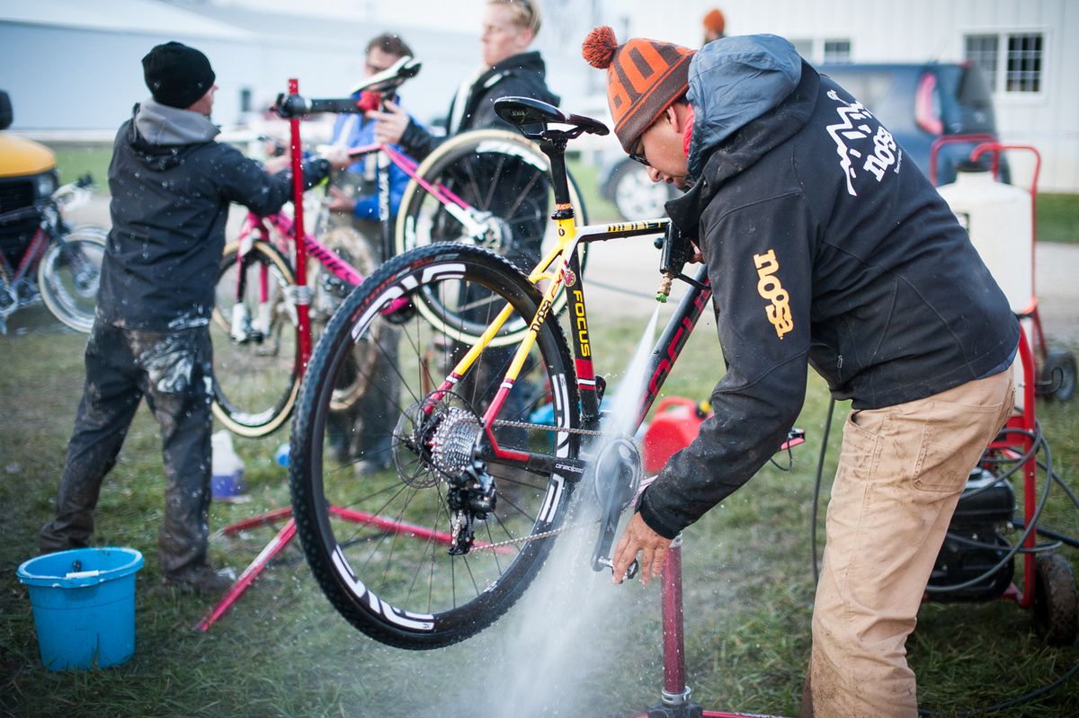Bike cleaning was a never ending duty for team mechanics