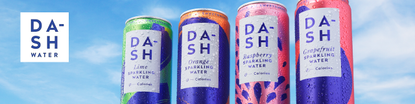 Dash water logo placed over four different flavours of Dash Water cans
