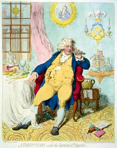 The Prince of Wales, later George IV, is depicted wielding a fork in the aftermath of a hearty meal in James Gillray’s A Voluptuary under the horrors of Digestion, 1792. (Photo by Universal History Archive/Getty Images)