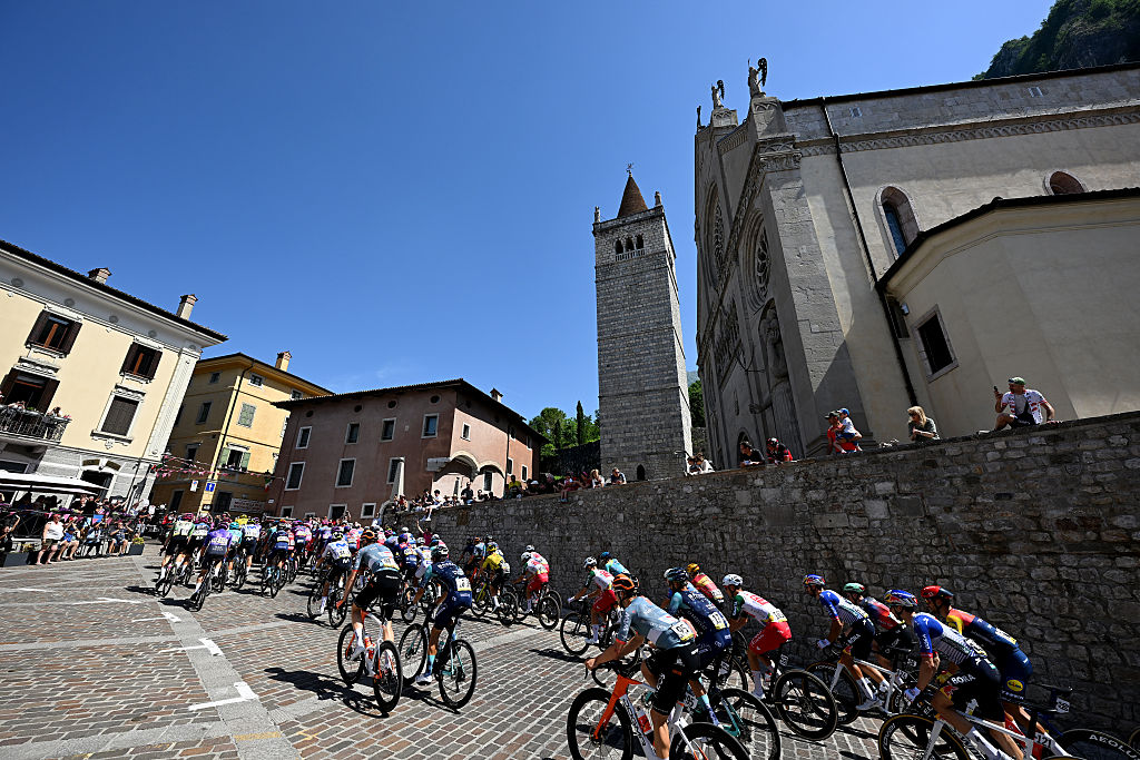 GEMONA DEL FRIULI, ITALY - MAY 30: A general view of the peloton competing prior to the 109th Giro d&amp;amp;apos;Italia 2026, Stage 20 a 200km stage from Gemona del Friuli to Piancavallo 1289m / #UCIWT / on May 30, 2026 in Gemona del Friuli, Italy. (Photo by Tim de Waele/Getty Images)