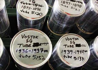 Tubes of ice cores taken from boreholes drilled at Vostok Station.