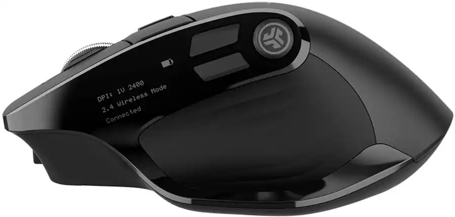 A black ergonomic wireless computer mouse with a side display showing battery, DPI, and connection status, featuring a circular JLab brand logo.