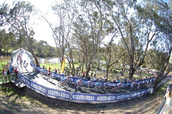 The peloton makes its way over the temporary bridge and road build just for the UCI Road World Championships.