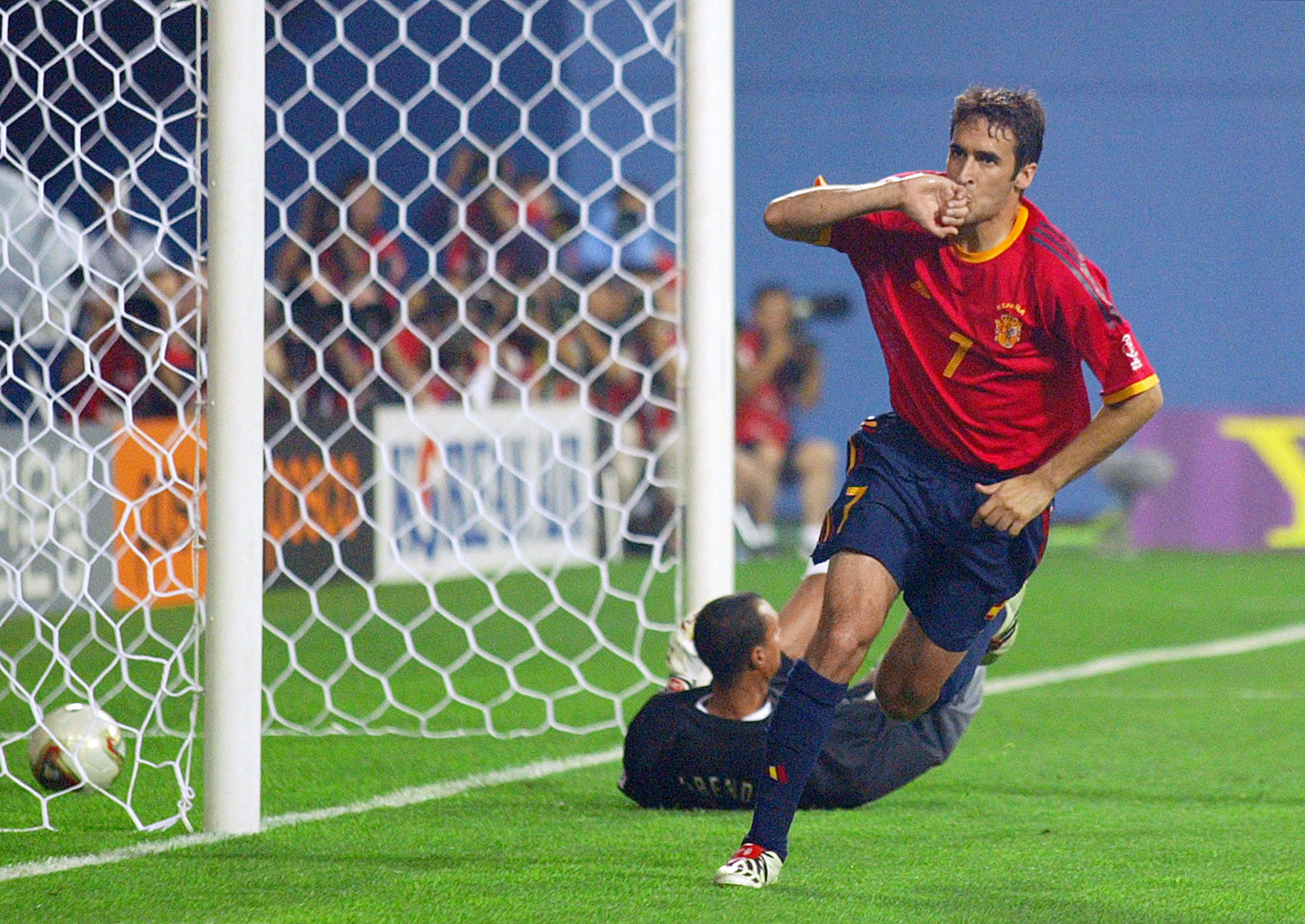 Raul celebrates after scoring for Spain against South Africa at the 2002 World Cup.