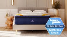 DreamCloud Premier Rest Hybrid mattress on a white bedframe with a Tom's Guide Black Friday deals badge