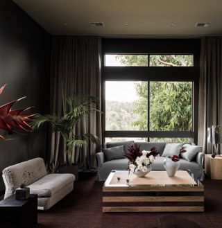 A living room with a striped black & white sofa and one in blue