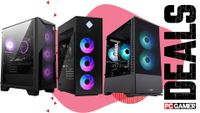 Three gaming PCs on a custom PC Gamer Deals background.