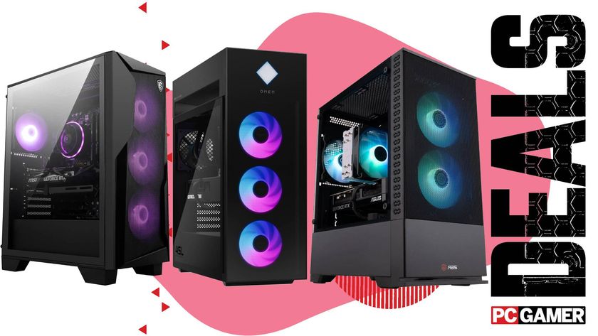 Three gaming PCs on a custom PC Gamer Deals background.
