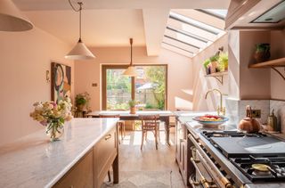 pink side return extension with a dining table in the space. There is a plant on the dining table. The kitchen has large doors with a view of the backyard.