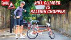 Hill climber with raleigh chopper at top of hill