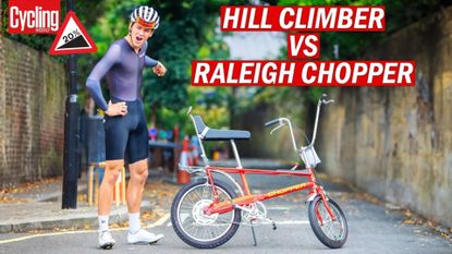 Hill climber with raleigh chopper at top of hill