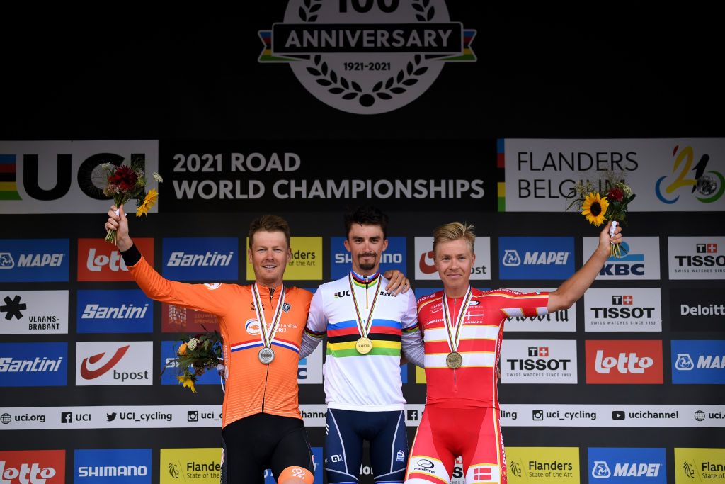LEUVEN BELGIUM SEPTEMBER 26 LR Silver medalist Dylan Van Baarle of The Netherlands gold medalist Julian Alaphilippe of France and bronze medalist Michael Valgren Hundahl of Denmark pose on the podium during the medal ceremony after the 94th UCI Road World Championships 2021 Men Elite Road Race a 2683km race from Antwerp to Leuven flanders2021 on September 26 2021 in Leuven Belgium Photo by Tim de WaeleGetty Images