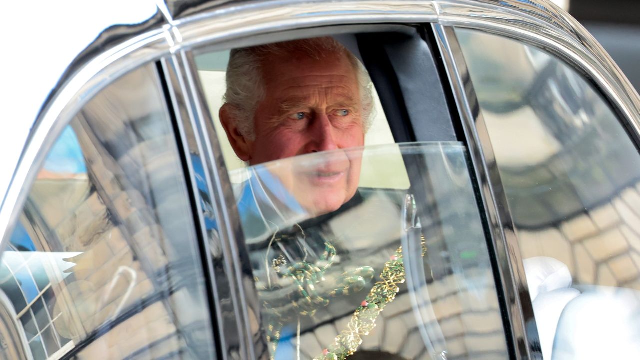 King Charles III departing after a national service of thanksgiving and dedication to the coronation of King Charles III and Queen Camilla at St Giles&#039; Cathedral on July 05, 2023 in Edinburgh, Scotland. During the service of thanksgiving and dedication for the Coronation of King Charles III and Queen Camilla, the Honours of Scotland (the Scottish crown jewels) are presented to the new King. The service is based on a similar service held at St Giles&#039; 70 years ago to mark the coronation of Queen Elizabeth II but unlike the 1953 service, the Stone of Destiny, on which ancient Scottish kings were crowned, will be present in the cathedral. 