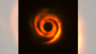 Orange spiral arms swirl out of the black center of a distant star system