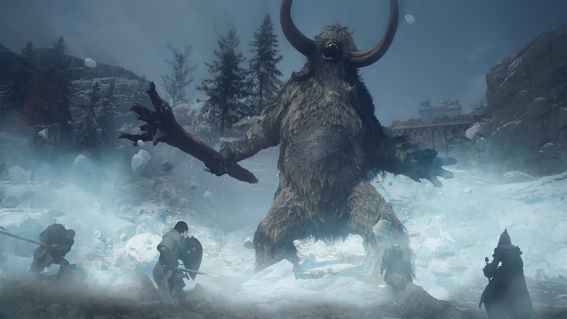 A giant horned beast towers over four armored warriors in a snowy battlefield, surrounded by mist and trees, conveying tension and epic fantasy.