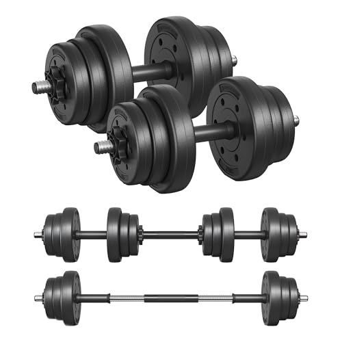 Songmics 2-In-1 Dumbbells Set, 2 X 10 Kg Adjustable Dumbbells With Extra Barbell Bar, Plastic-Coated Weight Plates, Fitness Exercise, Home Gym, Ink Black Syl20hbk