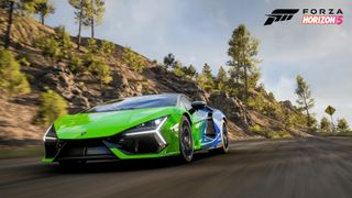 Forza Horizon 5 Blue-Green Xbox-PlayStation themed Lamborghini from the side-front