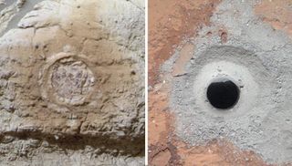 This set of images shows the results from the rock abrasion tool from NASA's Mars Exploration Rover Opportunity (left) and the drill from NASA's Curiosity rover (right). Note how the rock grindings from Opportunity are brownish red, indicating the presence of hematite, a strongly oxidized iron-bearing mineral. Image released March 12, 2013.