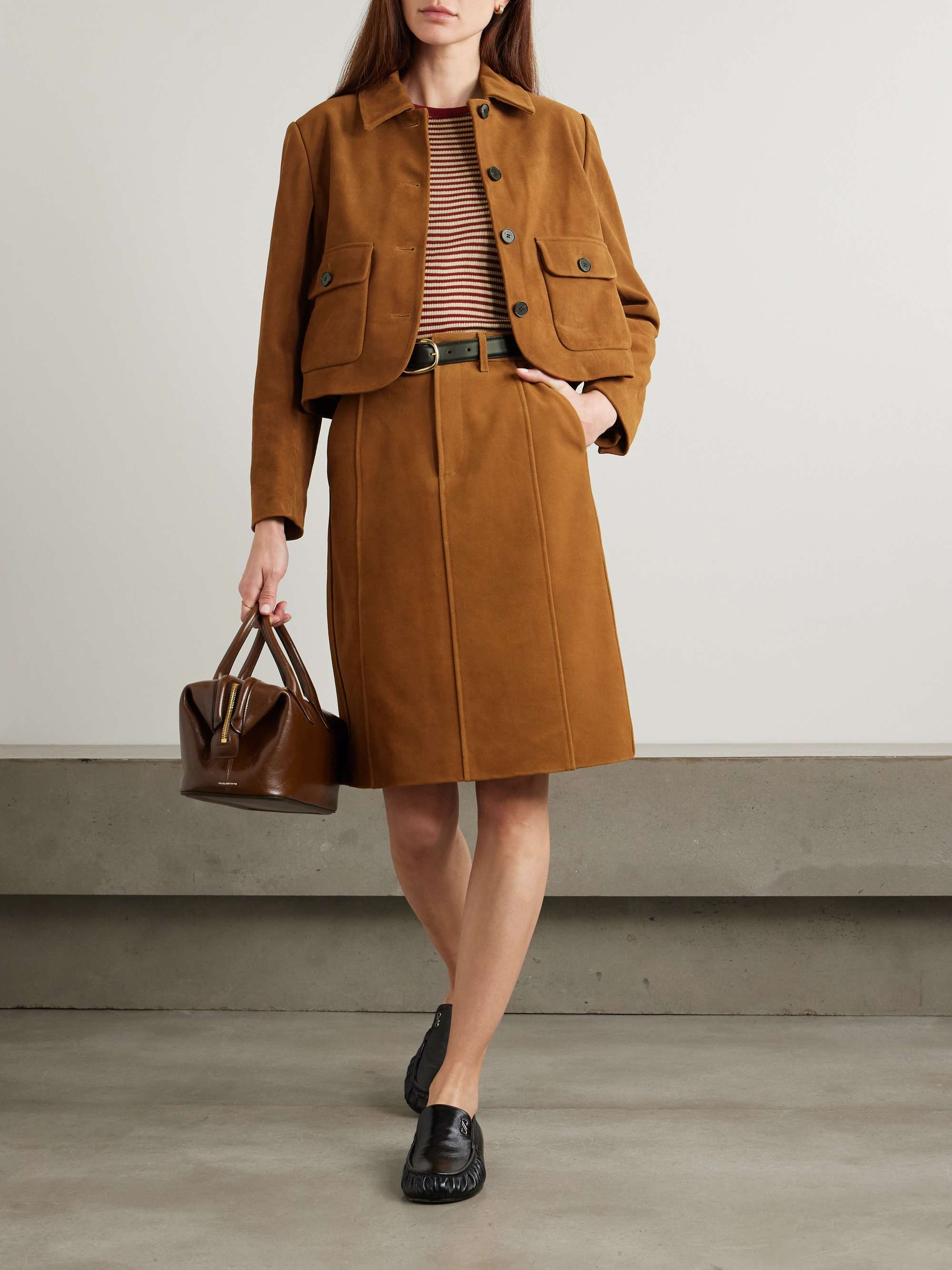 Belted Paneled Suede Skirt