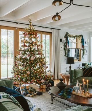 Living room decorated for the holidays