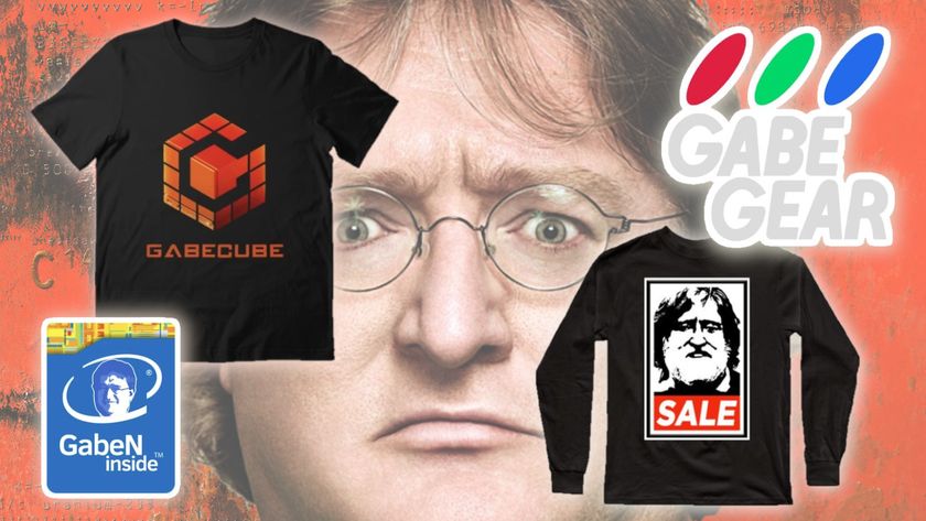Gabe Newell's face on a Half Life background with t-shirts and stickers surrounding it