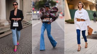 Three women wearing different kinds of jeans illustrating the best jeans for body type hourglass