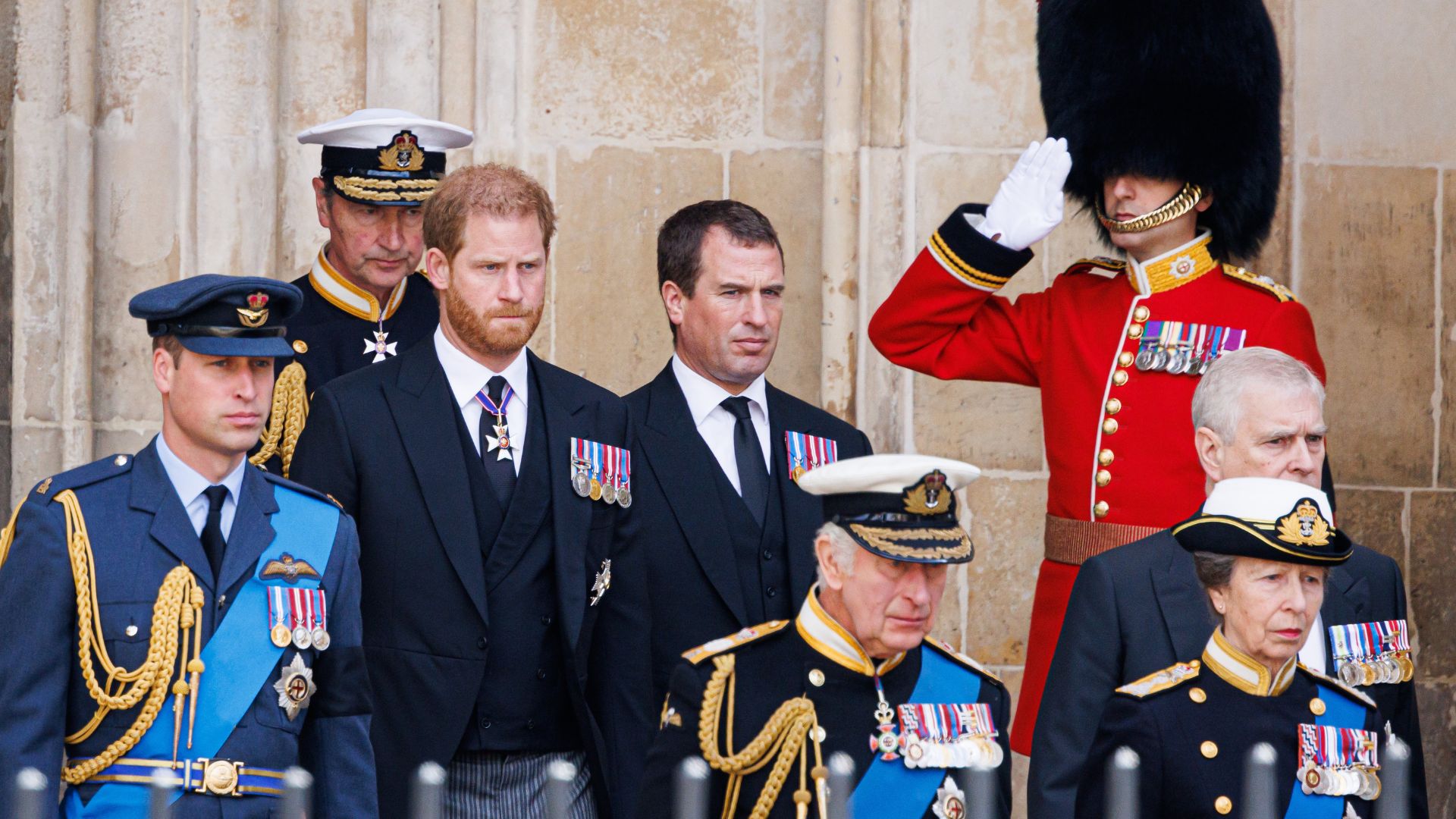 L-R: Prince William, Tim Laurence, Prince Harry, Peter Phillips, Prince Andrew, King Charles III, Prince Edward, and Princess Anne during the State Funeral of Queen Elizabeth II on September 19, 2022