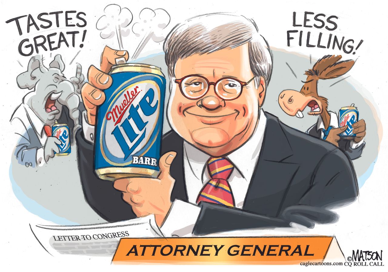 Political Cartoon U.S. William Barr Trump Mueller report Mueller lite