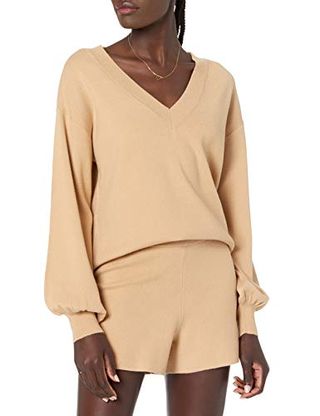 The Drop Women's Mia Bell Sleeve Deep V Neck Supersoft Sweater Curds & Whey , L
