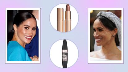 Meghan Markle makeup: Two pictures of Meghan Markle, including one snap of her on her wedding day, wearing a tiara and veil, alongside products from Charlotte Tilbury and Maybelline/ in a blue and purple template