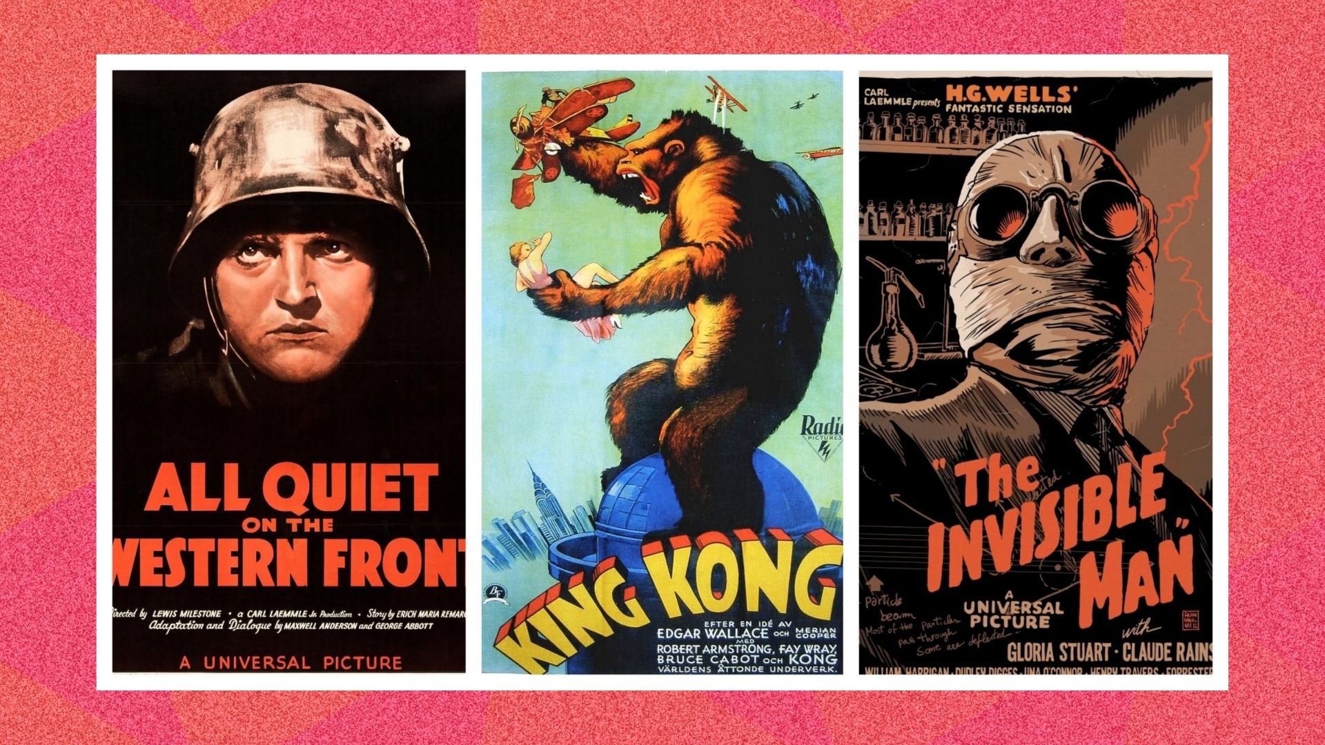1930s film posters including All Quiet on the Western Front, King Kong and The Invisible Man 